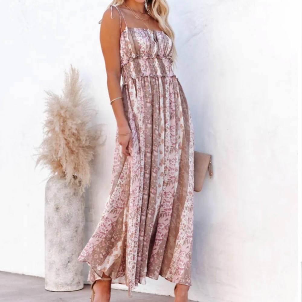 FLORAL SMOCKED TIE STRAP MAXI DRESS - BLUSH medium
